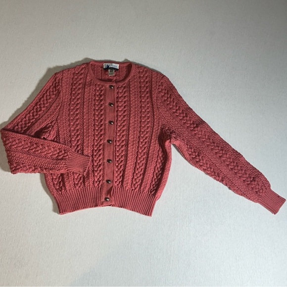 Vintage Allen Länder 100% Pure New Wool Cable Knit Cardigan Sweater in Pink S/M - Picture 1 of 10